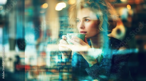Calm Female Business Owner Enjoying Coffee in Cozy Café Setting