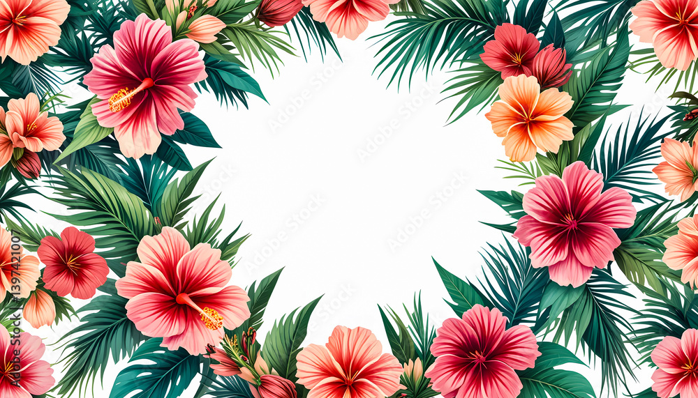 Eye-catching tropical frame featuring a harmonious arrangement of blooming pink and peach hibiscus flowers and lush green palm foliage. Eye-catching tropical frame featuring a harmonious arrangement of blooming pink and peach hibiscus flowers and lush green palm foliage.
