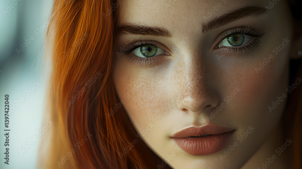 Fototapeta premium Close-up portrait of a young red-haired woman with green eyes and freckles, minimal makeup, authentic skin texture, calm and intense gaze, soft daylight, ultra-realistic