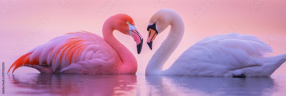 Naklejka premium Swan and Flamingo Together Floating Gently on Water During Pink Sunset