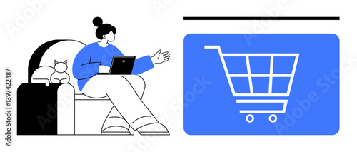 Person lounging with laptop browsing online next to shopping cart icon. Ideal for e-commerce, online retail, digital marketplace, consumer behavior, remote shopping, modern lifestyle, flat simple
