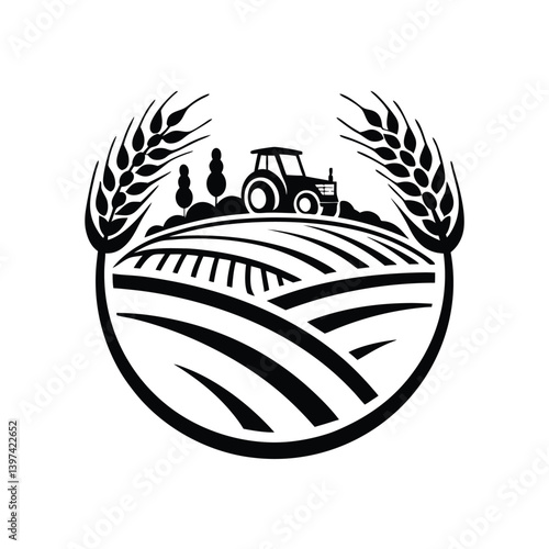Farm Fields with Tractor & Wheat Ears, Monochrome Agriculture Farming