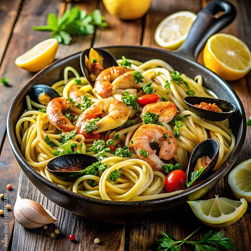 A sizzling seafood pasta dish, a culinary masterpiece brimming with succulent shrimp, plump mussels, and vibrant herbs, nestled in a rustic skillet with warm lighting.