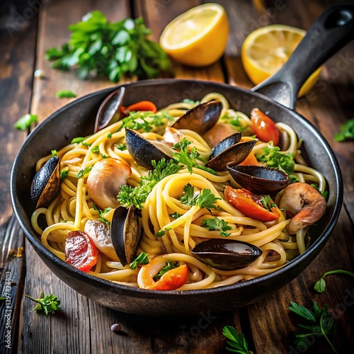A tantalizing seafood spaghetti brimming with mussels, clams, and shrimp, a culinary journey to the Italian coast, in a rustic dark pan.