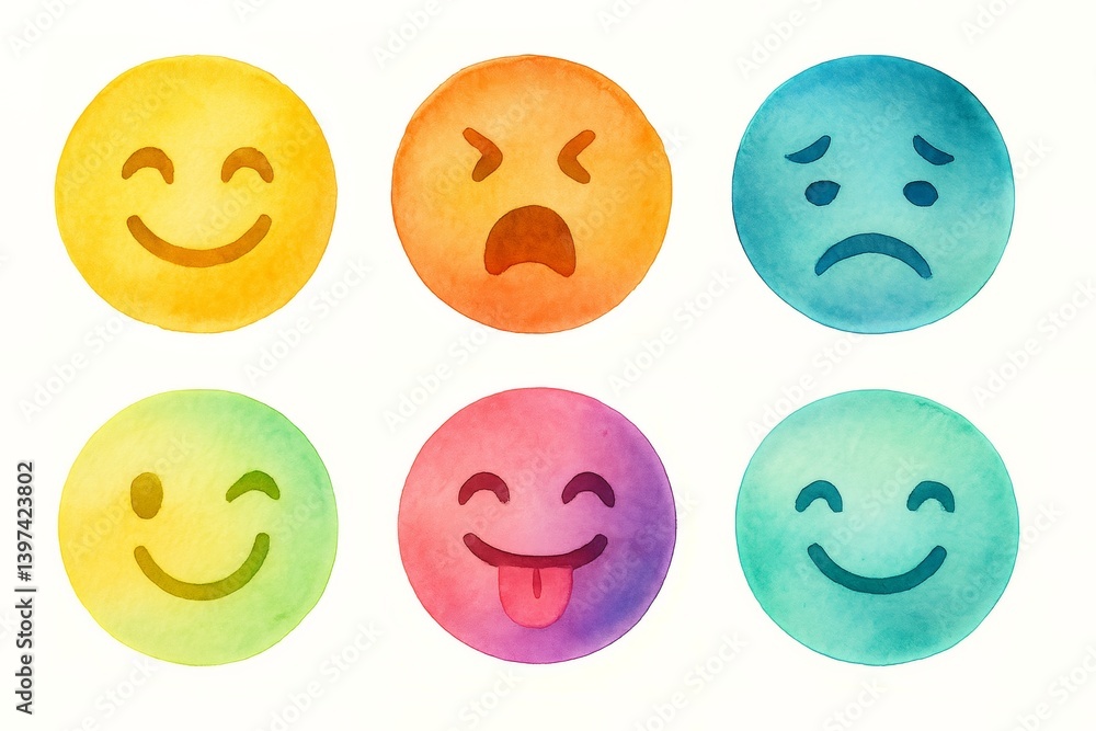Fototapeta premium Whimsical Watercolor Emojis, Textured Brush Strokes, Playful Mood Soft Color Gradients