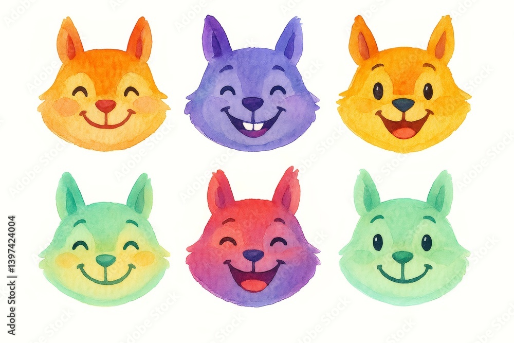 Fototapeta premium Charming Watercolor Squirrel Emoji Faces, Happy Expressions in Whimsical Mood