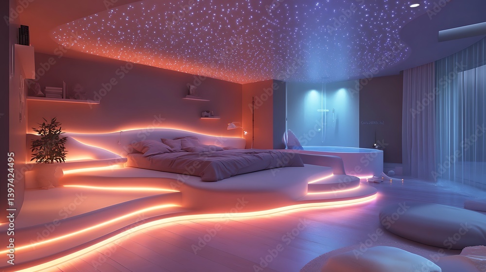 sleek modern bedroom interior featuring glowing lights platform bed and cozy ambiance with minimalist furniture and warm lighting decor for a stylish home sleek modern bedroom interior featuring glowing lights platform bed and cozy ambiance with minimalist furniture and warm lighting decor for a stylish home