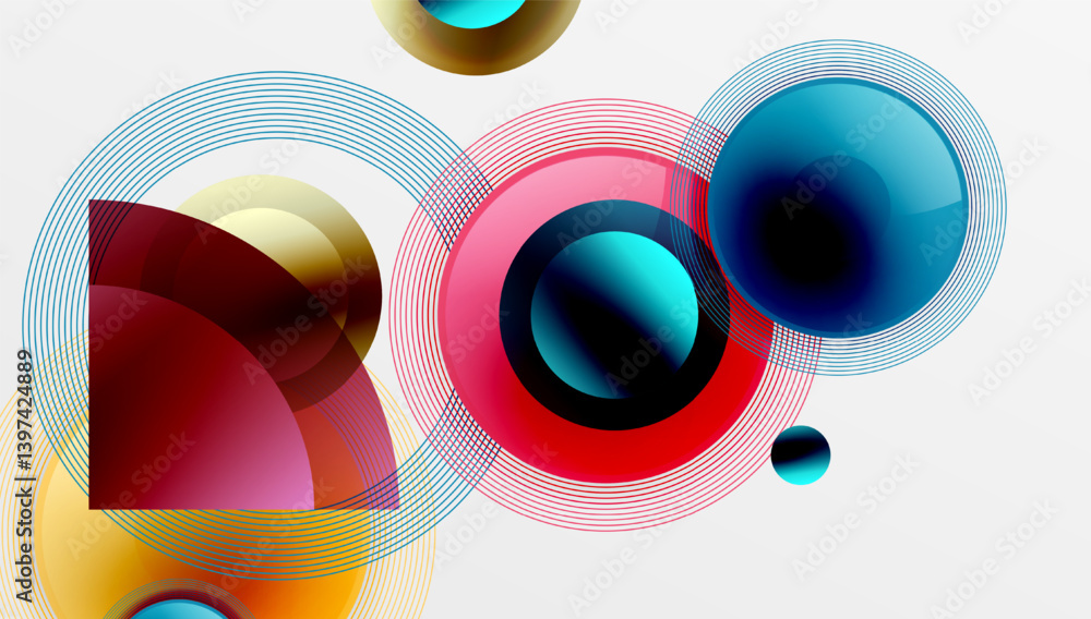Abstract composition featuring overlapping circles, arcs, vibrant colors. Geometric shapes create dynamic visual effect. Modern design, clean lines, smooth gradients present.