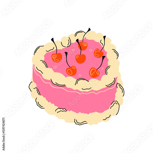 Festive cake with cherries for Valentine's Day, birthday, or Women's Day. Romantic cake design with ruffles and cherries. A delicious and vibrant cake for girls. A party with a cake