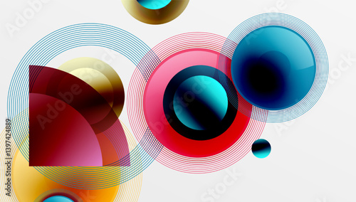 Obraz na płótnie Abstract composition featuring overlapping circles, arcs, vibrant colors. Geometric shapes create dynamic visual effect. Modern design, clean lines, smooth gradients present. w salonie