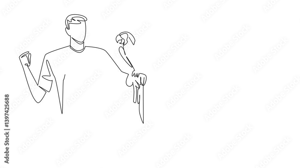 Animated self drawing of single continuous line drawing blue gold macaw parrot perched on hand man. Animals with beautiful, striking colors. Ability to speak. Man Holding Bird. Full length animation Animated self drawing of single continuous line drawing blue gold macaw parrot perched on hand man. Animals with beautiful, striking colors. Ability to speak. Man Holding Bird. Full length animation