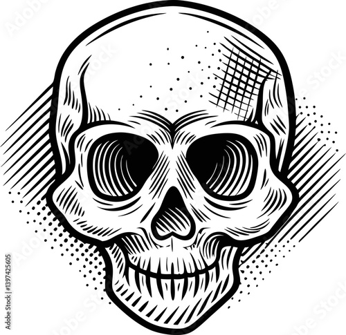 detailed black and white skull illustration with shading and texture tattoo design, gothic art style, human anatomy depiction