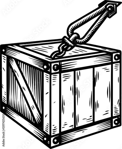 wooden crate sketch with hook and chain industrial shipping box illustration