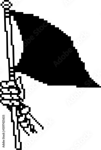 Pixelated hand holding a black flag retro digital art, vintage pixel graphic, protest symbol