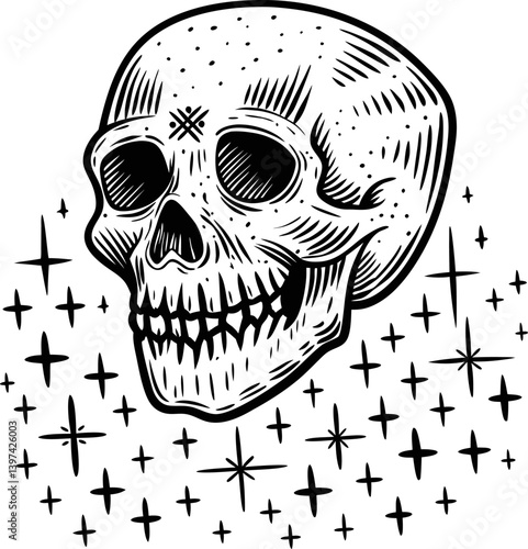 vintage skull illustration, cranium with stars hand drawn black and white aesthetic design, gothic art pattern