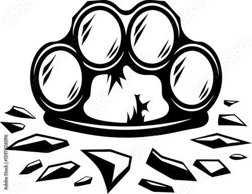 brass knuckles breaking ground power symbol, strength destruction impact illustration