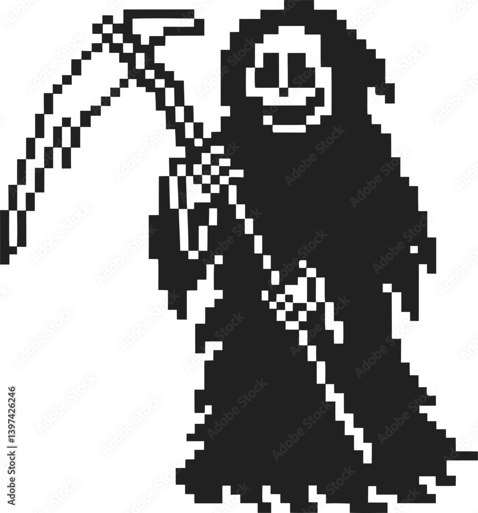 Pixel art grim reaper with scythe black and white retro video game graphic, mortality symbol character Pixel art grim reaper with scythe black and white retro video game graphic, mortality symbol character