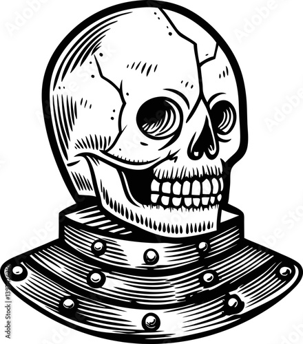 medieval armored skull illustration black and white graphic, gothic art design