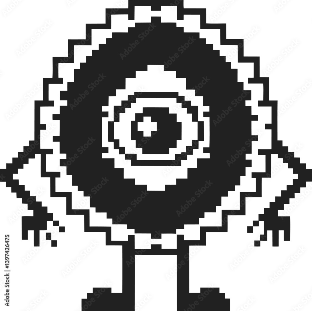 Pixelated cyclops monster with zigzag outline, quirky arms and legs, retro videogame character design Pixelated cyclops monster with zigzag outline, quirky arms and legs, retro videogame character design