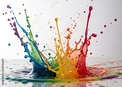 Vibrant abstract paint splatters explode across a bright white canvas, inspiring modern creativity.