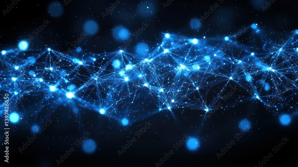 Fototapeta premium Glowing blue network of connected points and lines on dark background
