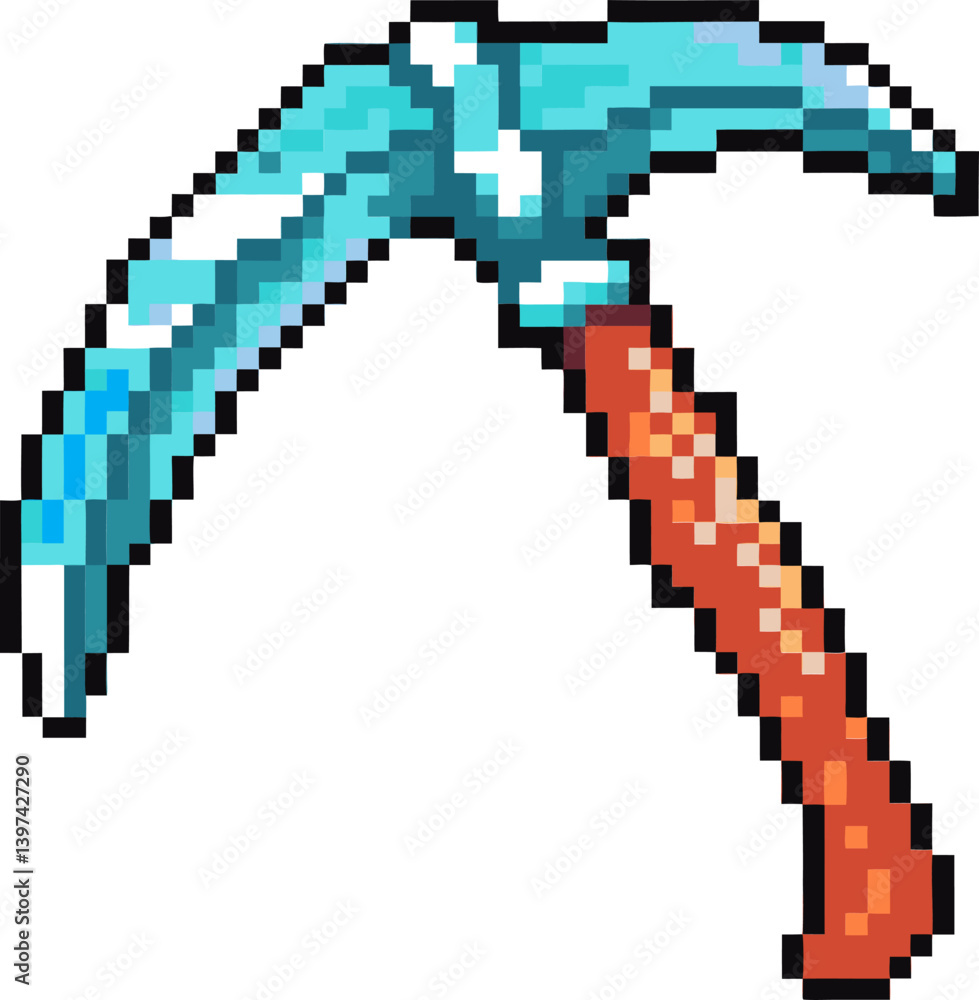 Pixel art pickaxe, red handle, blue blade retro gaming tool, mining, digital illustration Pixel art pickaxe, red handle, blue blade retro gaming tool, mining, digital illustration