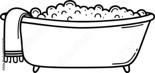 Bubble filled bathtub with towel, relaxing bath concept in line art