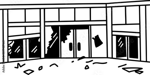 abandoned broken window facade, damaged building exterior urban decay and destruction concept