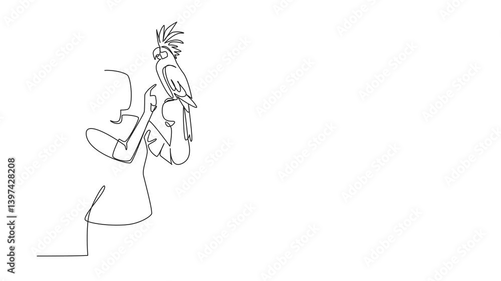 Animation of single continuous line drawing black cockatoo bird perched on hand of woman. Has high pitched voice and charming appearance. Eucalyptus lover. Woman Holding Bird. Full length motion Animation of single continuous line drawing black cockatoo bird perched on hand of woman. Has high pitched voice and charming appearance. Eucalyptus lover. Woman Holding Bird. Full length motion
