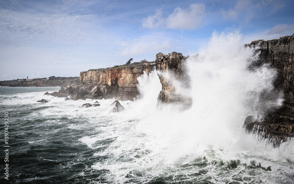 Waves Crashing Against Cliffs on a Rocky Coastline - Cascais Portugal