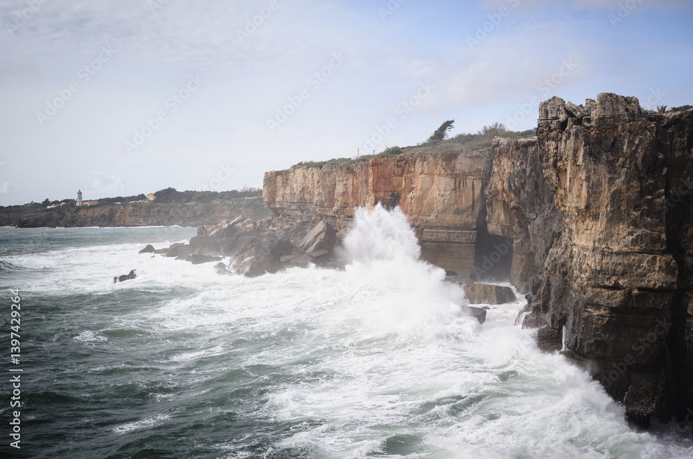 Waves Crashing Against Cliffs on a Rocky Coastline - Cascais Portugal