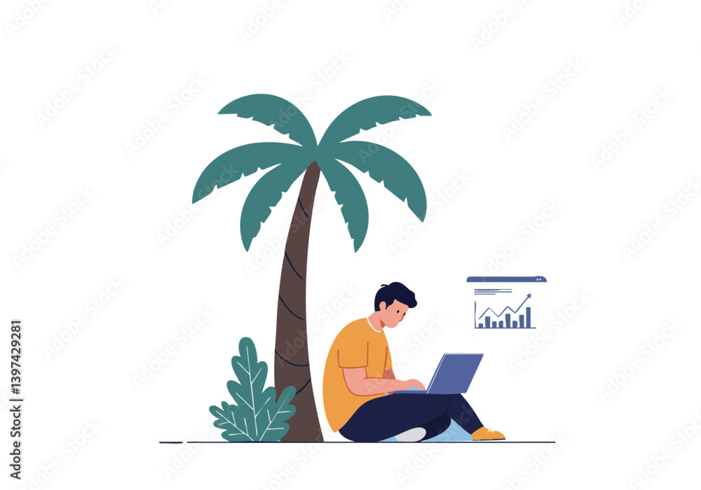 Fototapeta premium A young man sits cross-legged under a palm tree, focused on his laptop. Blue sky backdrop. Represents remote work, digital nomad lifestyle, and tropical business.