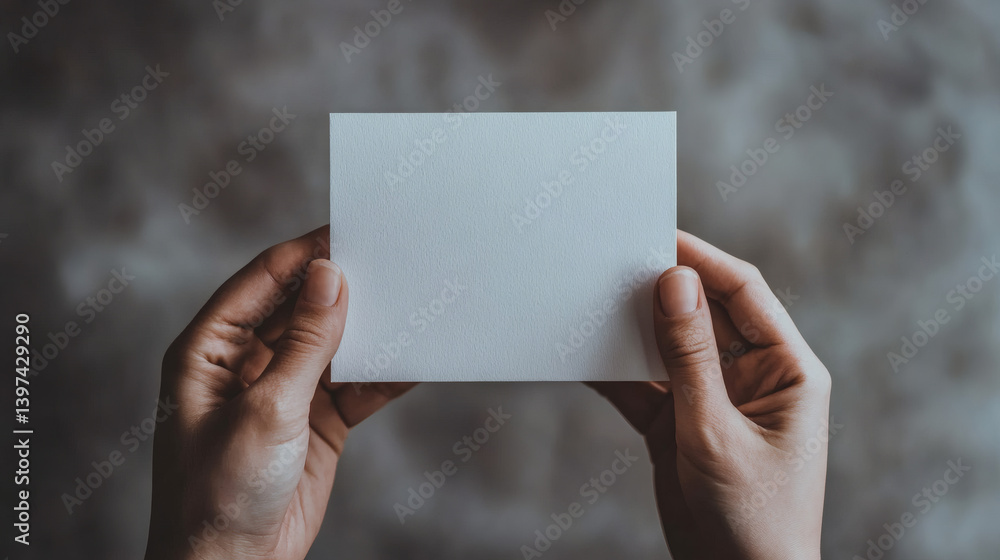 Hands holding blank paper; textured background; mockup Hands holding blank paper; textured background; mockup