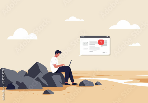 A young man sits on a rock, using a laptop overlooking a beach. A notification pops up on the screen. Serene, remote work, digital nomad lifestyle.