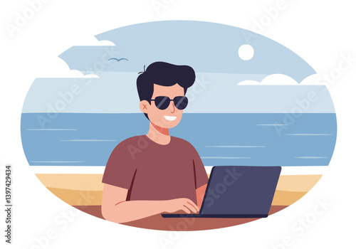 A young man with dark hair works on a laptop at a beach table. He wears sunglasses and a casual shirt, enjoying a sunny day. Relaxed, remote work.
