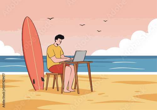 A young man with dark hair works on a laptop at a table on a beach. He's barefoot, wearing casual clothes, with a surfboard nearby. Relaxed, digital nomad lifestyle.