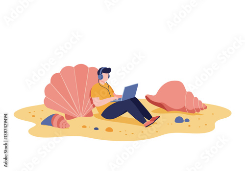 A young man with headphones works on a laptop while relaxing on a beach. A vibrant, stylized illustration perfect for travel, remote work, or digital nomad themes.