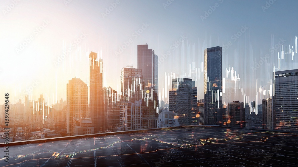 City Rooftop View with Forex Graph and Hologram Overlay Effects City Rooftop View with Forex Graph and Hologram Overlay Effects