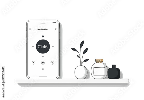 Minimalist phone mockup showcasing a meditation app. Clean, modern aesthetic with a shelf, plant, and essential oil diffuser. Perfect for wellness and lifestyle concepts.