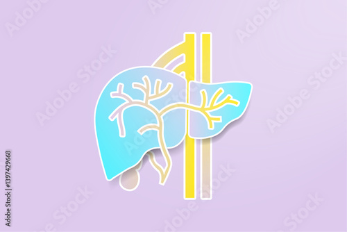 Liver anatomy illustration with gallbladder, cystic duct, aorta and hepatic vein on blue colored background. Colorful Medical liver health template. Vector Illustration. 
