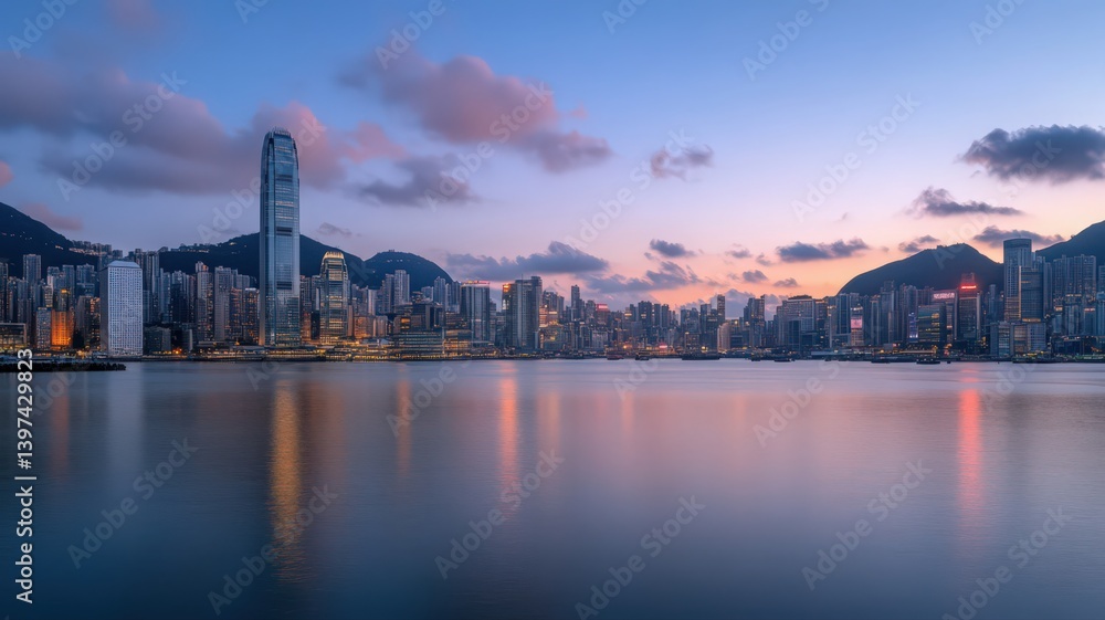 Fototapeta premium Tranquil City Skyline at Twilight with Water Reflections