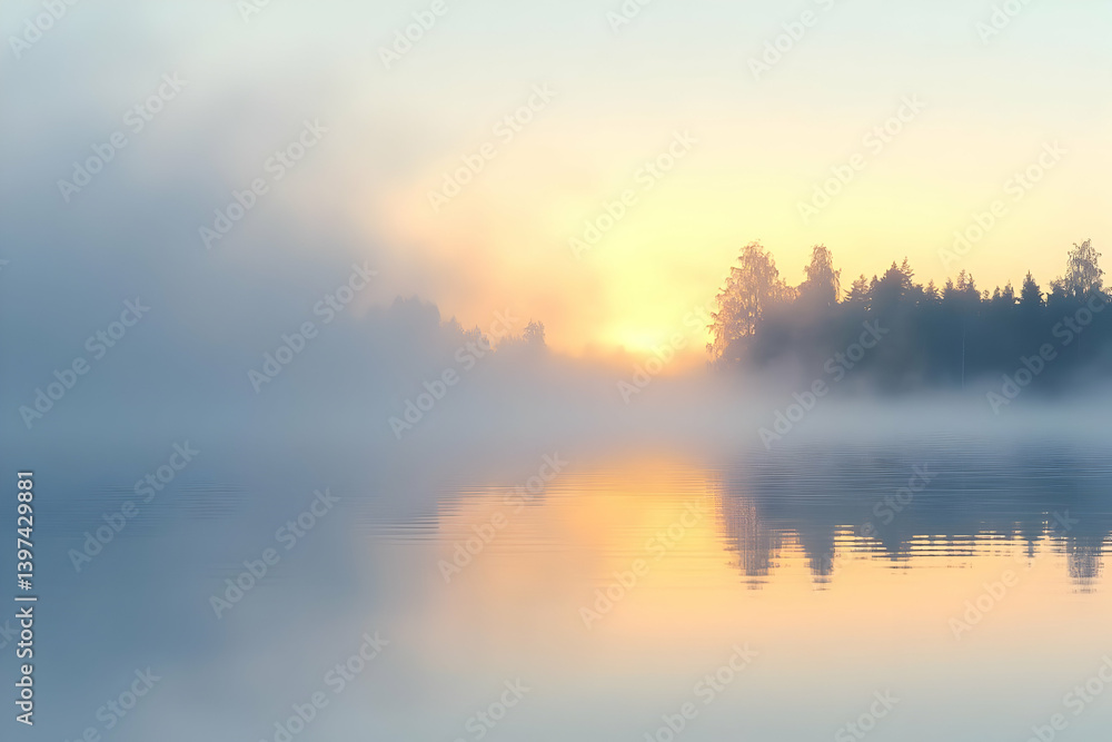 Misty Sunrise over Calm Lake, Trees Silhouetted in Fog, Peaceful Dawn Landscape Misty Sunrise over Calm Lake, Trees Silhouetted in Fog, Peaceful Dawn Landscape