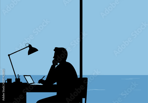 A silhouetted man sits at a desk with a laptop, pen, and mug, gazing out a window at a blue ocean view. Calm, contemplative, and ideal for business or lifestyle concepts.