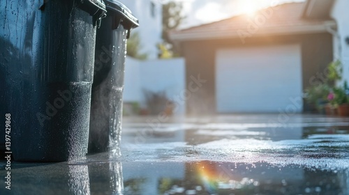 Rainwater pooling around bins reflects sunlight, creating serene