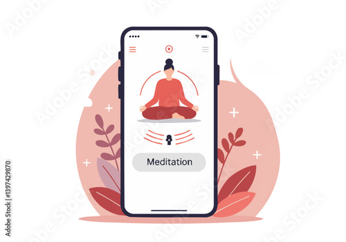 A smartphone displays a meditation app with a woman in a lotus position. Soft colors and a calming design promote wellness and mindfulness. Perfect for lifestyle content.