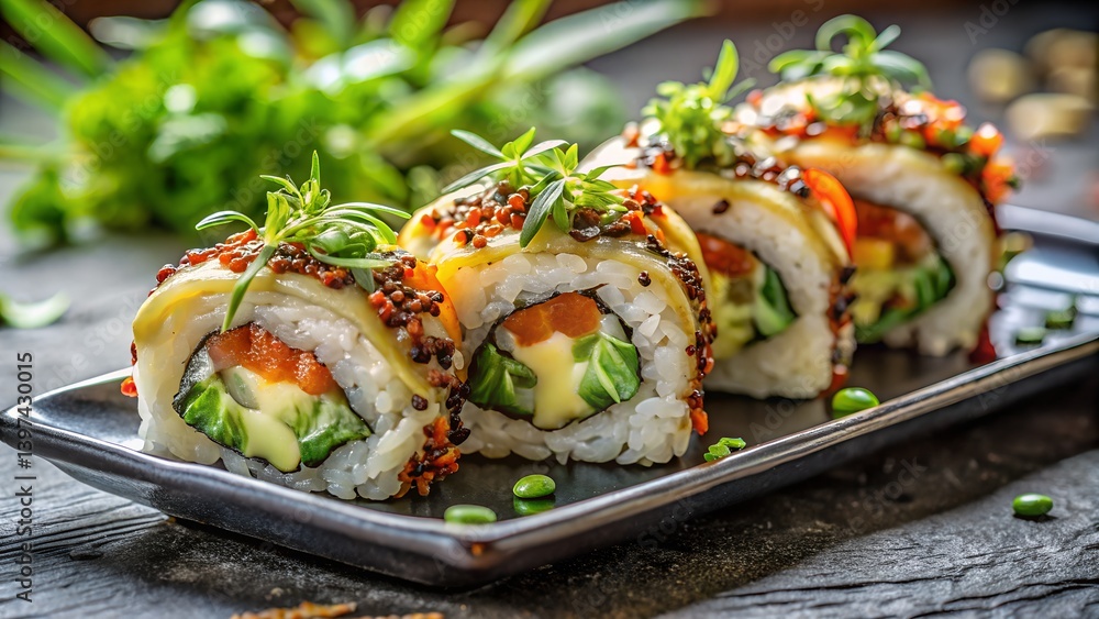 Close-Up of Gourmet Sushi Rolls with Fresh Vegetables and Toppings on a Black Plate Close-Up of Gourmet Sushi Rolls with Fresh Vegetables and Toppings on a Black Plate