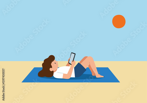 A young woman with brown hair relaxes on a yoga mat, reading on a tablet. Sunny beach scene, conveying leisure and digital lifestyle.