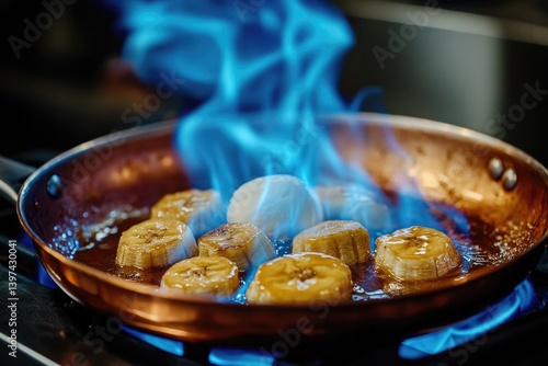 Golden bananas caramelize in pan, ignited flames create dramatic