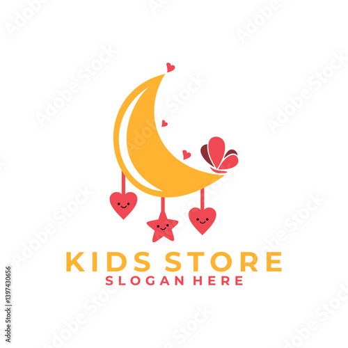 Cute Moon with heart and butterfly logo design vector. Kids Logo design icon template