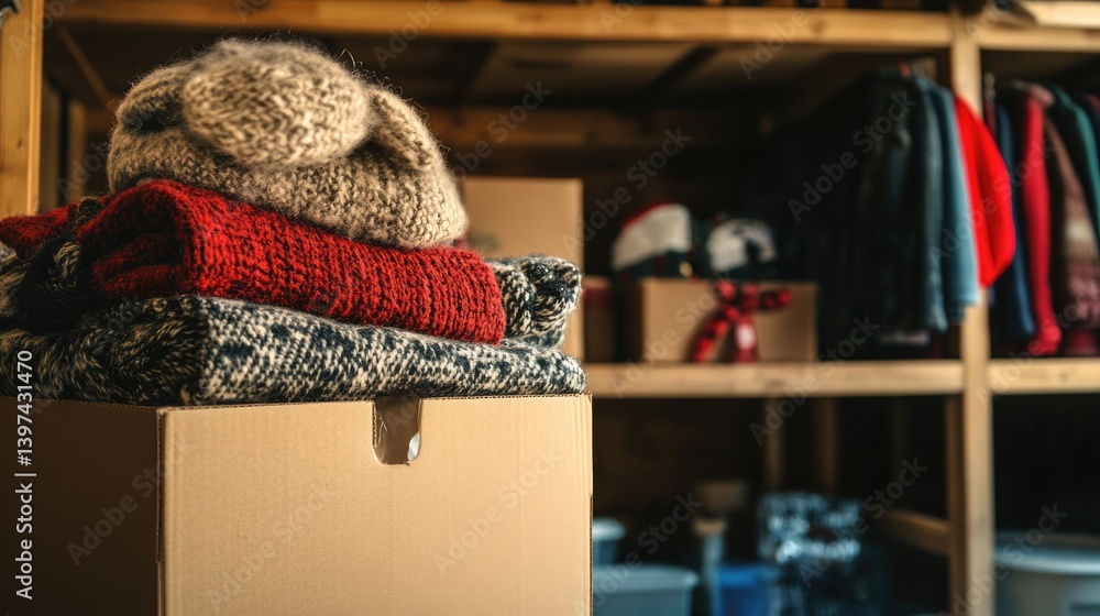 Fototapeta premium Cozy winter clothing stacked neatly, showcasing vibrant colors a